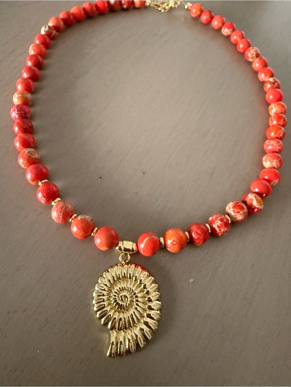 Gold Spiral Pendant Necklace with Coral Beads - Women Jewelry